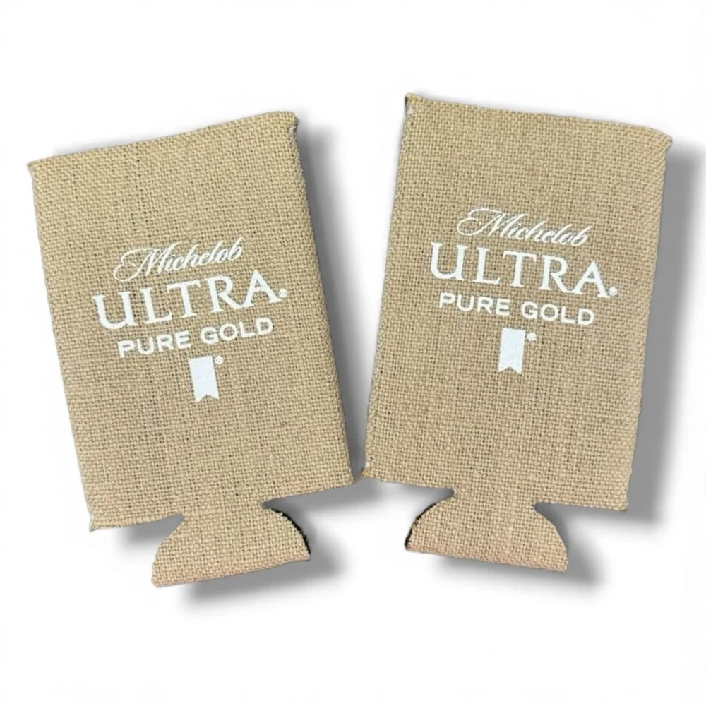 Michelob Ultra Pure Gold Burlap Bottle Coolie Koozies Beer Sleeve Set of 2